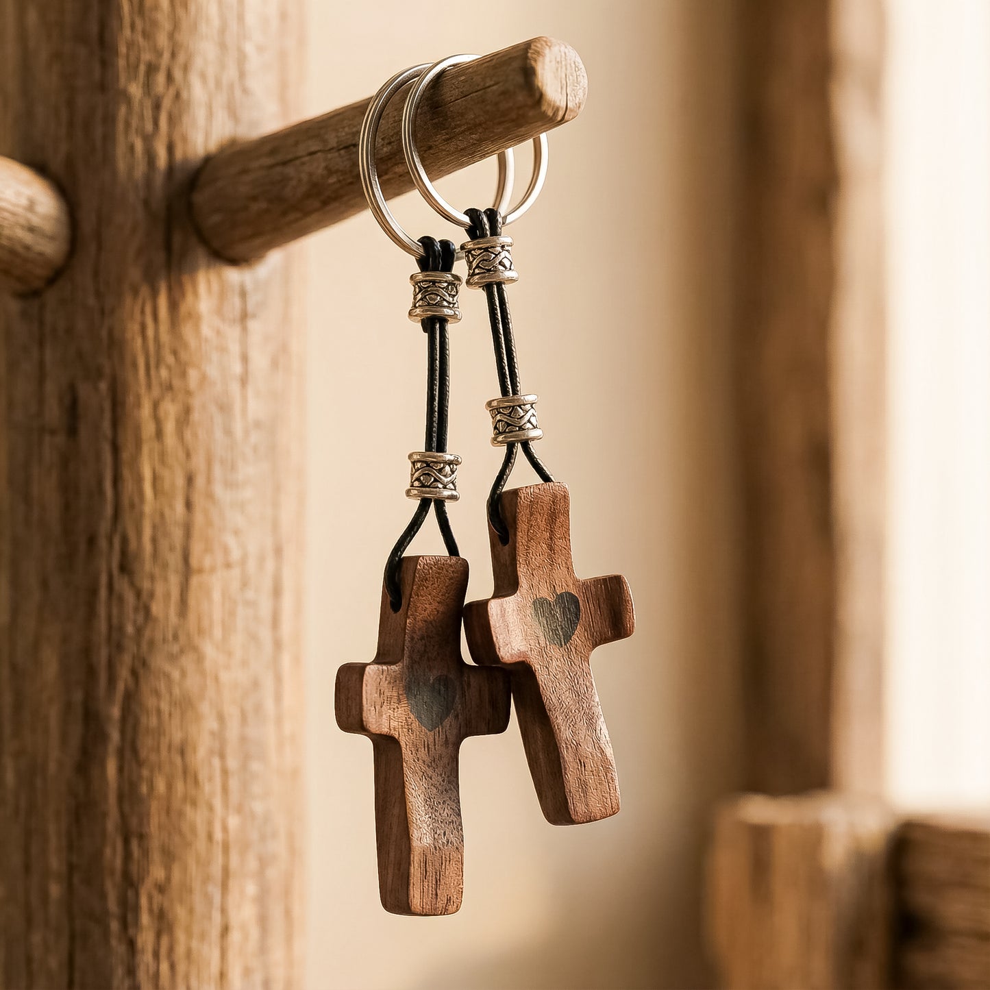 Sets llaveros Cruz de Madera de Nogal con Corazón | Unión con Alma, Detalle con Significado